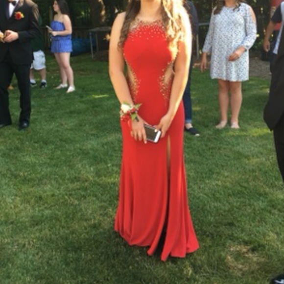 GLS Red With Gold Beads Long Prom Dress With Slit - Picture 4 of 14